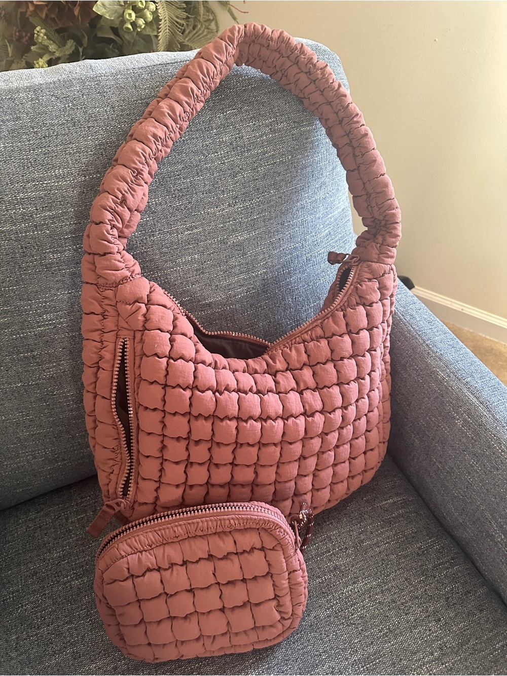 Quilted Rose Mauve Shoulder Bag with Matching Pouch